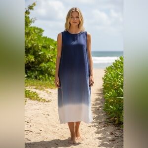 Paraphrase Blue Ombré Linen S/M Column Lightweight Sleeveless Midi Dress